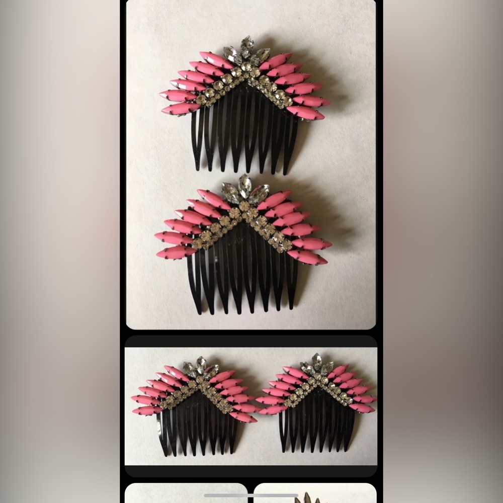 *SET OF 2* Handmade PINK & CLEAR Stones JEWELED STATEMENT BLACK HAIR COMBS